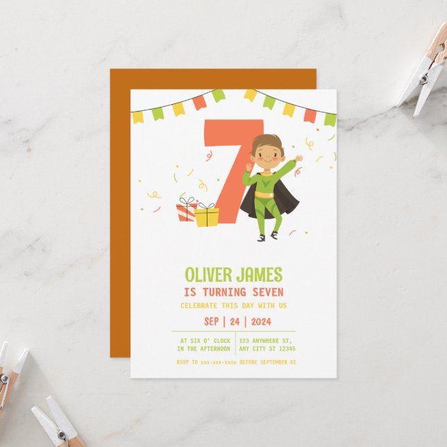 Modern, any age Superhero boy birthday  Invitation (Front/Back In Situ)