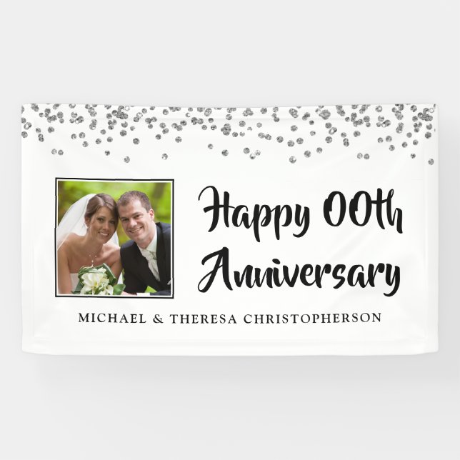 Modern Any Anniversary Photo Silver Confetti Banner (Horizontal)