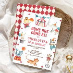 Modern Any Gender Red Circus 1st Birthday Invitation<br><div class="desc">Modern Any Gender Red Circus 1st Birthday Invitation 

Cute circus themed birthday invitation suitable for a boy or girl featuring a circus tent,  elephant,  cat,  seal,  tiger,  mouse,  elephant and rabbit.  This circus birthday invitation could be used for any age as all text is editable.</div>