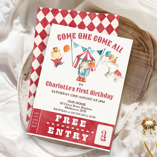 Modern Any Gender Red Circus Ticket 1st Birthday  Invitation (Red Circus Ticket 1st Birthday Invitation, Circus Birthday Invitation Any Age, Circus Tent, Ticket)