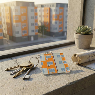 Modern Apartment Building with Air Conditioners Key Ring