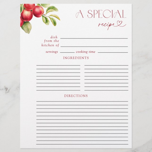 Modern Apple Bridal Shower Recipe Binder Page (Front)