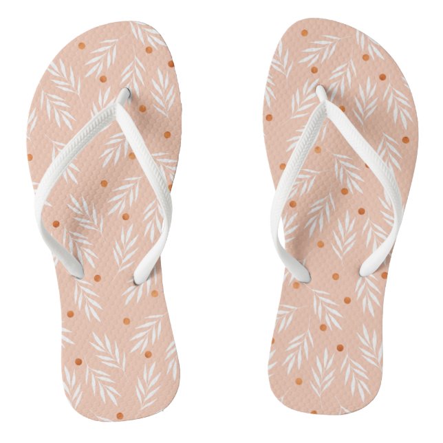 Modern Apricot Pink Floral Leaves Pattern Flip Flops (Footbed)