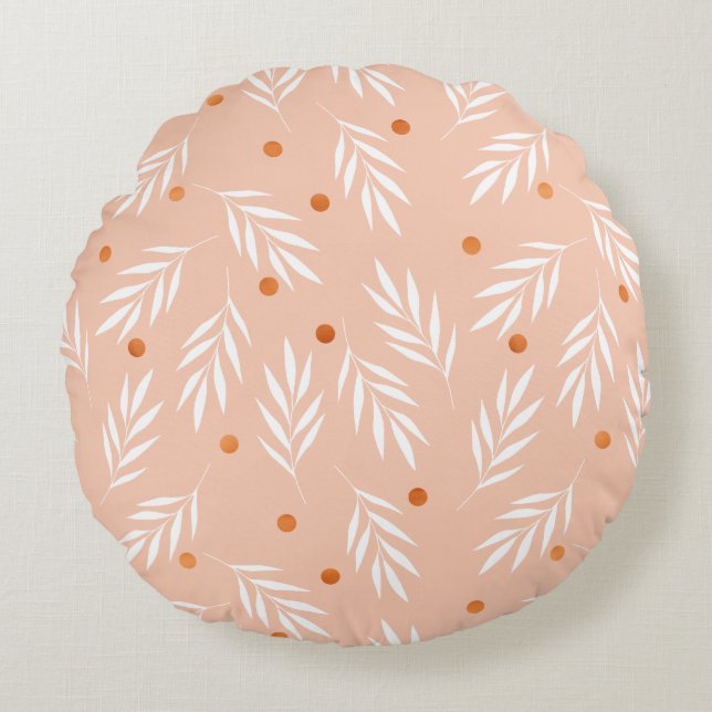 Modern Apricot Pink Floral Leaves Pattern Round Cushion (Front)