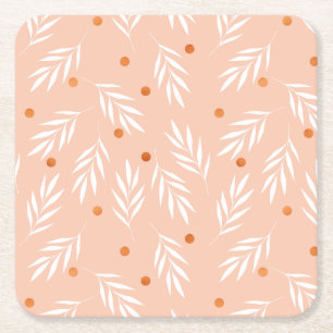 Modern Apricot Pink Floral Leaves Pattern Square Paper Coaster