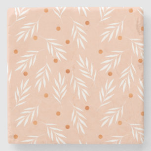 Modern Apricot Pink Floral Leaves Pattern Stone Coaster