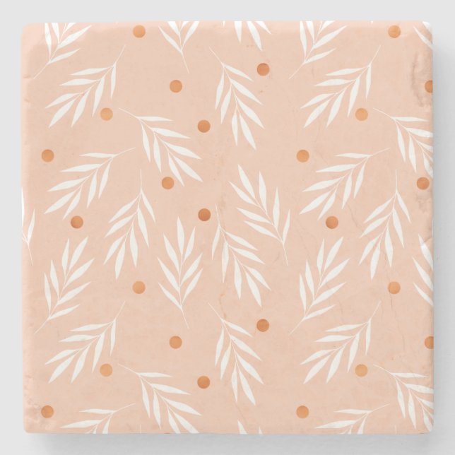 Modern Apricot Pink Floral Leaves Pattern Stone Coaster (Front)