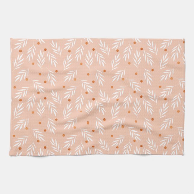 Modern Apricot Pink Floral Leaves Pattern Tea Towel (Horizontal)