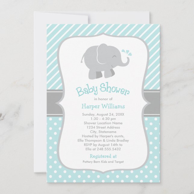 Modern Aqua and Grey Elephant Boy Baby Shower Invitation (Front)