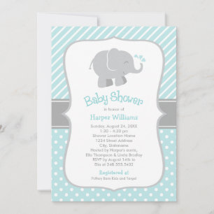 Modern Aqua and Grey Elephant Boy Baby Shower Invitation