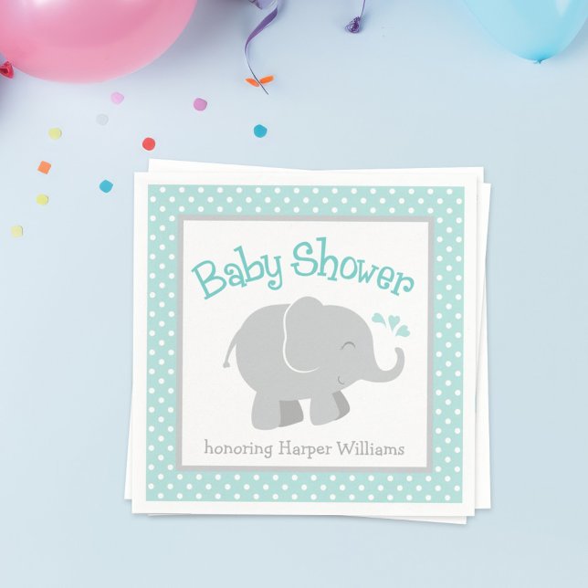 Modern Aqua and Grey Elephant Boy Baby Shower Napkin (Creator Uploaded)