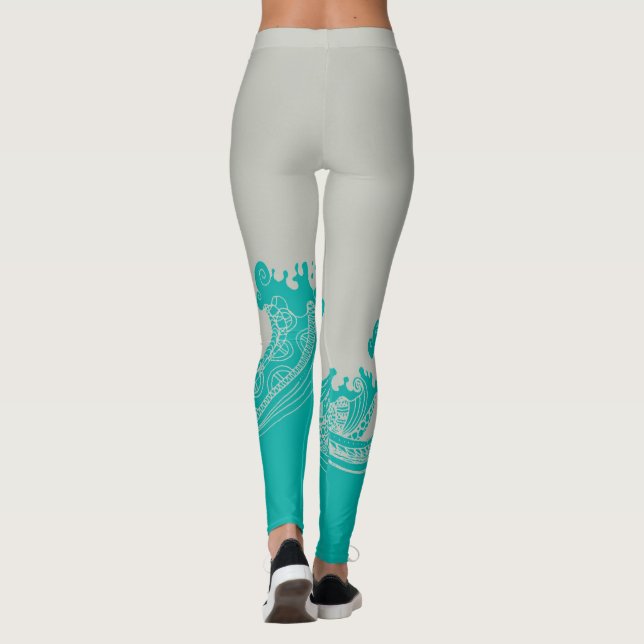 Modern Aqua and Grey Waves Leggings (Back)