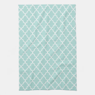 Modern Aqua and White Moroccan Quatrefoil Pattern Tea Towel
