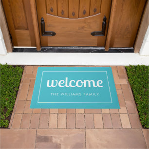 Modern Aqua Blue and White Personalised Welcome Doormat