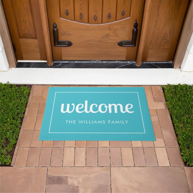 Modern Aqua Blue and White Personalised Welcome Doormat (Outdoor)