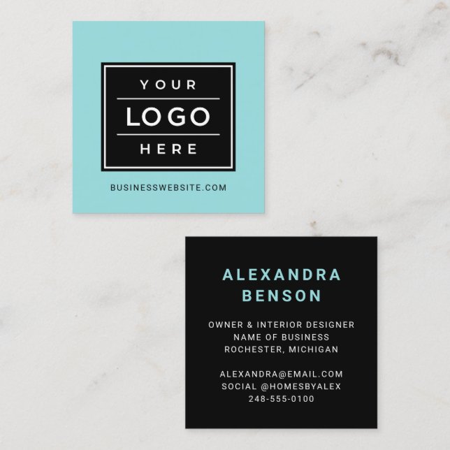 Modern Aqua Blue Custom Business Logo Square Business Card (Front/Back)