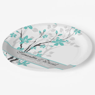 Modern aqua blue flowers on branch wedding paper plate