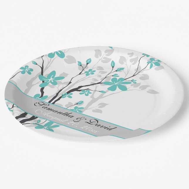 Modern aqua blue flowers on branch wedding paper plate (Angled)