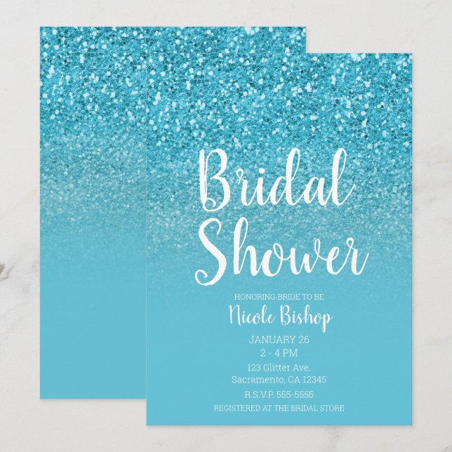 Modern Aqua Blue Glam Glitter Bridal Shower Invitation (Front/Back)