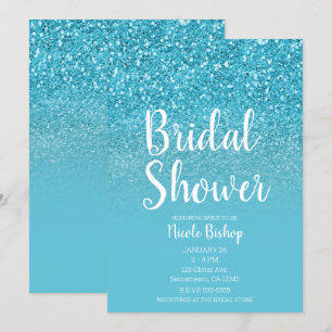 Modern Aqua Blue Glam Glitter Bridal Shower Invitation
