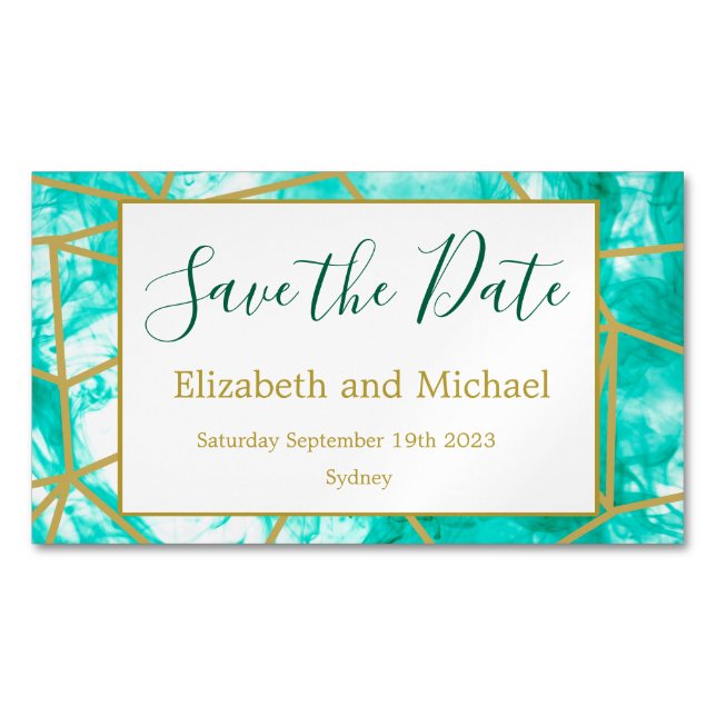 Modern  Aqua Blue Gold  Save the Date Magnet (Front)