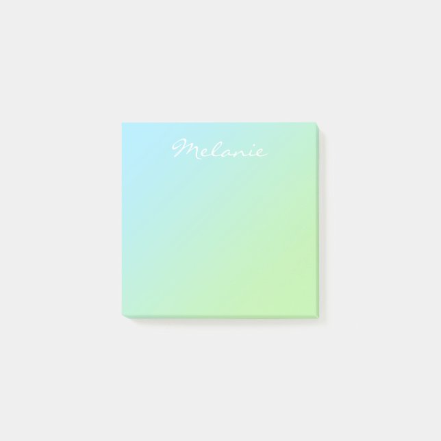 Modern Aqua Blue Green Ombre Script Post-it Notes (Front)