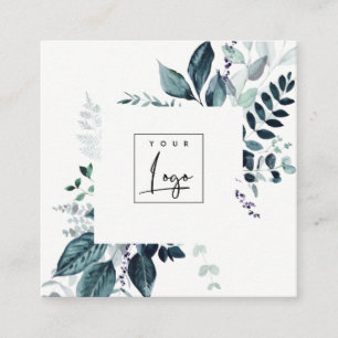 Modern Aqua Blue Leafy Tropical Foliage Fern Logo Square Business Card