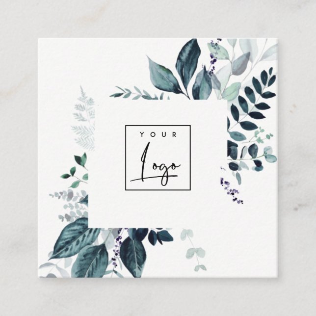 Modern Aqua Blue Leafy Tropical Foliage Fern Logo Square Business Card (Front)