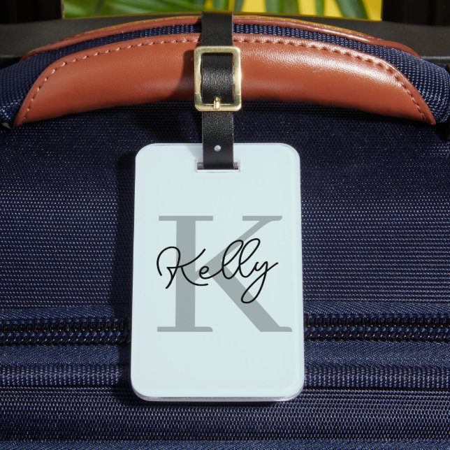 Modern Aqua Blue Monogram Script Luggage Tag (Front Insitu 2)