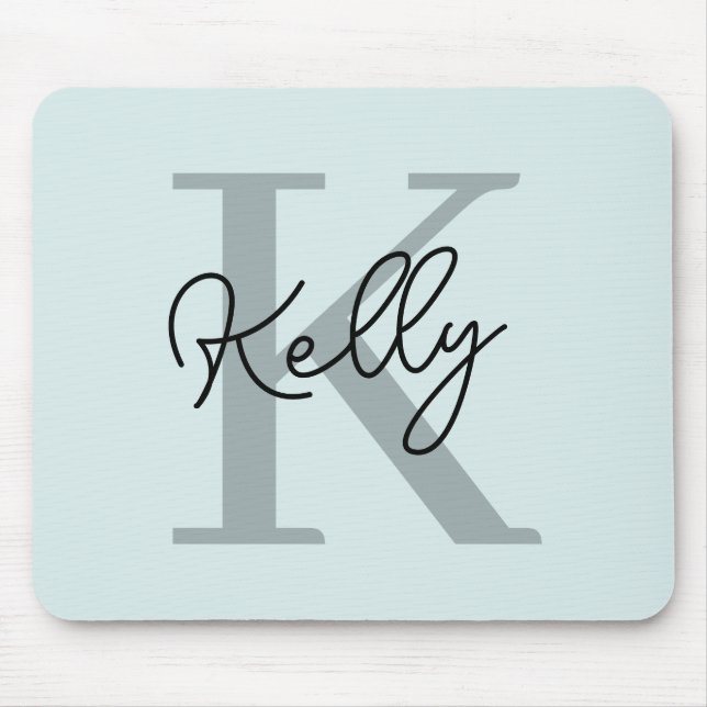 Modern Aqua Blue Monogram Script Mouse Mat (Front)