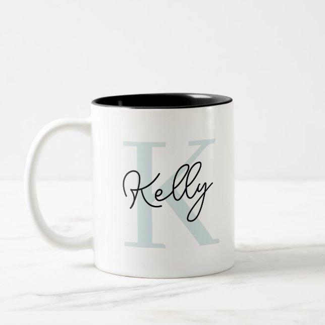 Modern Aqua Blue Monogram Script Two-Tone Coffee Mug (Left)