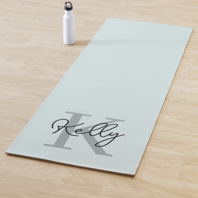 Modern Aqua Blue Monogram Script Yoga Mat (In Situ)