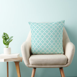Modern Aqua Blue Moroccan Quatrefoil Pattern Cushion