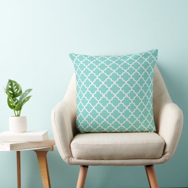 Modern Aqua Blue Moroccan Quatrefoil Pattern Cushion (Chair)