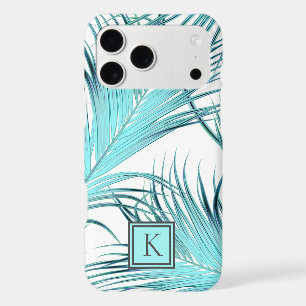 Modern Aqua Blue Palm Fronds with Monogram