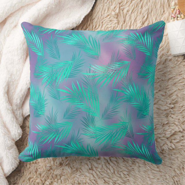 Modern Aqua Blue Palm Leaf Cushion (Blanket)