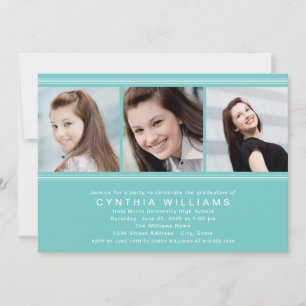 Modern Aqua Blue Photo Collage Graduation Party Invitation