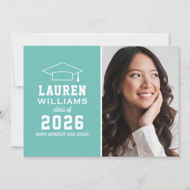 Modern Aqua Blue Photo Graduation Party Invitation (Front)