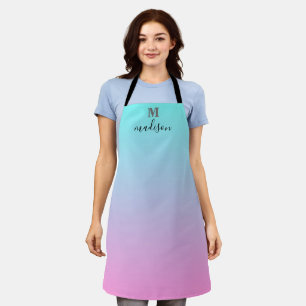 Modern Aqua Blue Pink Gradient Ombre Monogram Apron