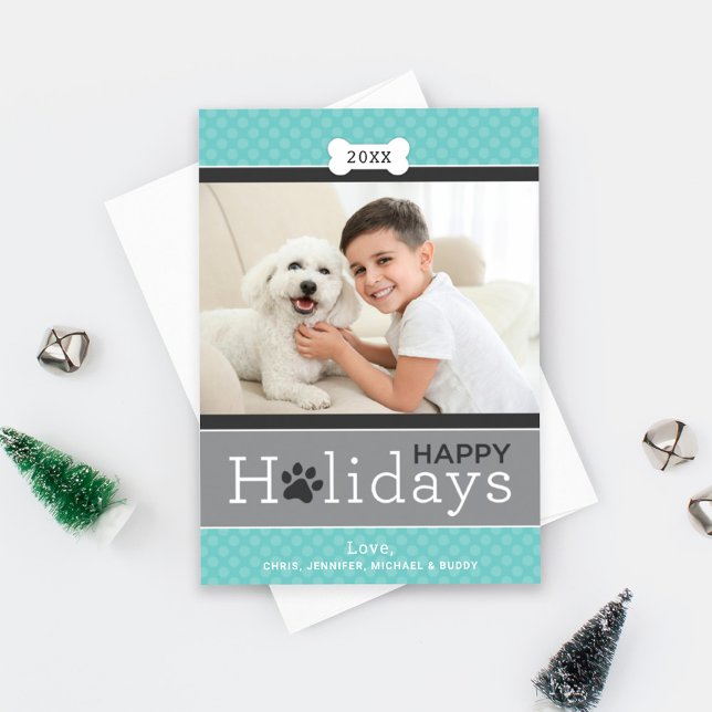 Modern Aqua Blue Puppy Dog Theme Happy Holidays Holiday Card (Creator Uploaded)