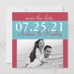 Modern Aqua Blue Red Wedding Photo Save the Date