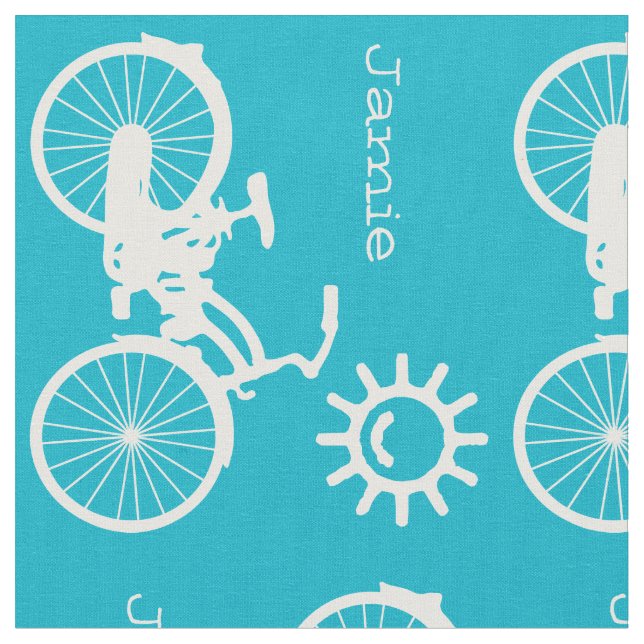 Modern Aqua Blue Sunshine Bicycle Personalised Fabric (Close Up)