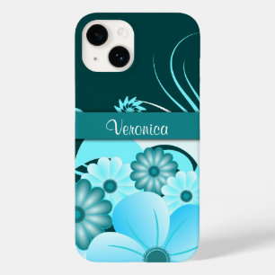 Modern Aqua Blue Teal Summer Hibiscus Floral Case-Mate iPhone 14 Case