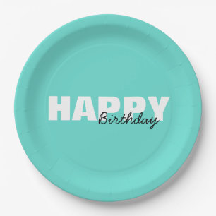 Modern Aqua Blue Typography Happy Birthday   Paper Plate