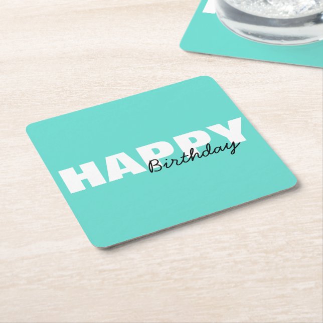 Modern Aqua Blue Typography Happy Birthday Party   Square Paper Coaster (Angled)