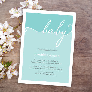 Modern Aqua Calligraphy Script Baby Shower Invitation
