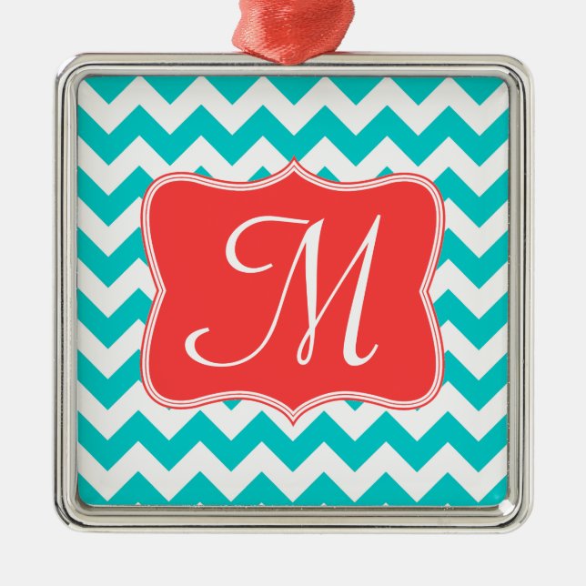 Modern Aqua Chevron Monogram Initial Ornament (Front)