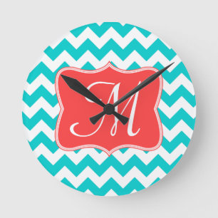 Modern Aqua Chevron Monogram Initial Wall Clock