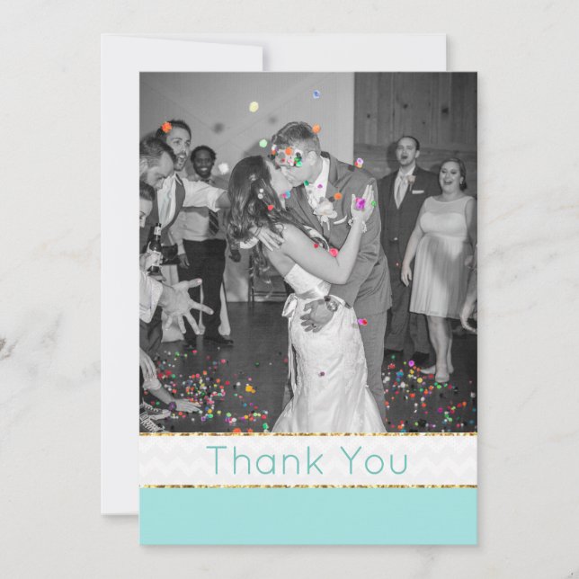 Modern Aqua Chevron Wedding Photo Thank You Card (Front)