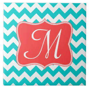 Modern Aqua Coral Chevron Monogram Display Tile